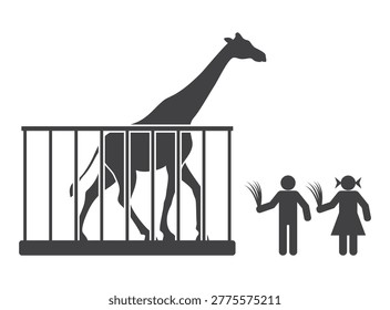 Giraffe standing inside a cage while children are offering food zoo icon