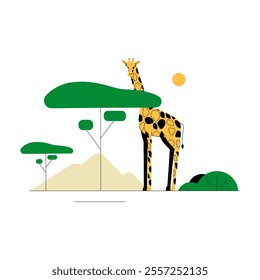 Giraffe Standing Near Trees In Flat Vector Illustration Symbolizing Wildlife, Nature, And African Landscape, Isolated On White Background