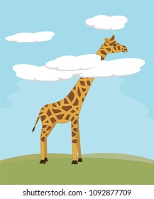 giraffe standing on the green grass with head above clouds, funny vector cartoon illustration