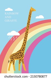 Giraffe standing on the rainbow, Its neck is so long, is higher than cloud, illustration vector
