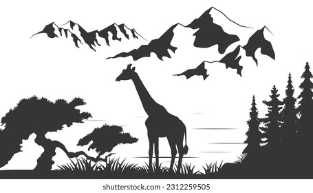 A giraffe standing somewhere in mountains background and trees and hills