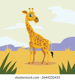 Giraffe standing tall in the African savannah, surrounded by dry grass and open sky. Ideal for wildlife, safari, nature, and African animal-themed content.
