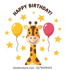 Jirafa de pie con dos globos que dicen feliz cumpleaños