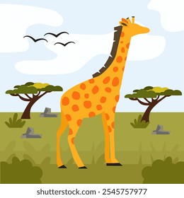  A giraffe stands tall among sparse trees, set against a bright, open savannah landscape with a blue sky and distant birds flying.