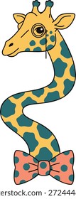 Giraffe sticker design featuring a whimsical dapper cartoon animal wearing a monocle and polka dot bowtie. High quality flat vector illustration perfect for kids apparel, nursery decor, greeting cards, and printable stickers.
