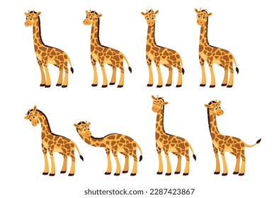 Juego de stickers de jirafa. Ilustraciones o íconos con adorables mamíferos salvajes de cuello largo o animales africanos. Habitantes de selva, sabana o zoológico. Colección vectorial plana de dibujos animados aislada en fondo blanco