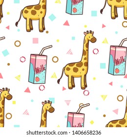 Giraffe and strawberry milk seamless pattern, Cute character cartoon, Vector