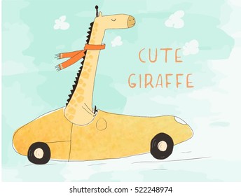 giraffe in striped scarf driving yellow retro car, kid illustration, textile design