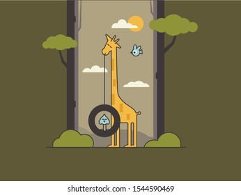 Нappy giraffe in the summer under the sun rolls birds in nature among plants, trees, bushes