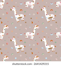 Giraffe in sunglasses in seamless pattern. Summer animal background for kids. Funny character in nursery design, fabrics, textile, clothing, wallpaper, notebooks, bed linen