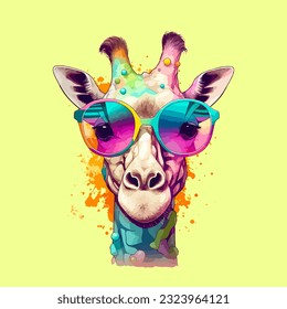 Giraffe in sunglasses, vector illustration, summer background