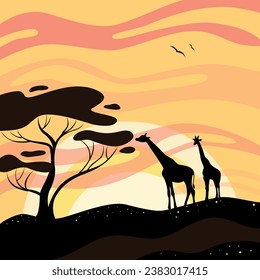 giraffe at sunset, silhouette of a giraffe on the background of sunset in the savannah, africa landscape, world of wildlife, family of giraffes in the savannah 