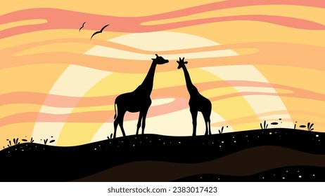 giraffe at sunset, silhouette of a giraffe on the background of sunset in the savannah, africa landscape, world of wildlife, family of giraffes in the savannah 