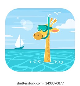 Giraffe swimming in the ocean. Vector illustration.