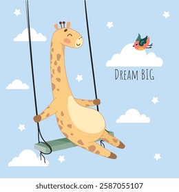 giraffe swinging on swing in the sky, giraffe in clouds, bird, dream big, sleep, dreams, game, giraffe relax, fun, swing, high, flight, fly like a bird, africa, giraffe sticker, fabric