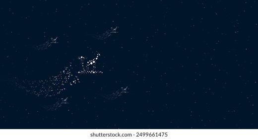 A giraffe symbol filled with dots flies through the stars leaving a trail behind. Four small symbols around. Empty space for text on the right. Vector illustration on dark blue background with stars