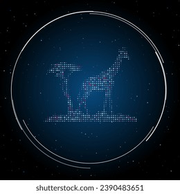 El símbolo de la jirafa lleno de puntos blancos. Estilo de puntillismo. Algunos puntos son rosas. Ilustración vectorial sobre fondo azul con estrellas
