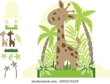 giraffe. a three-dimensional postcard template, DIY. vector Layout, cute African animal and plants, for paper cutting