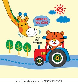 giraffe and tiger cub playing together,cartoon vector illustration
