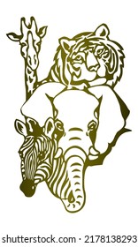 Giraffe, Tiger, Elephant And Zebra Vector Illustration. Zoo Logo Template
