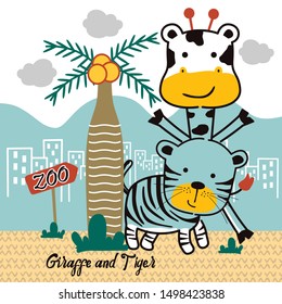 giraffe and tiger playing in the zoo,funny animal cartoon,vector illustration