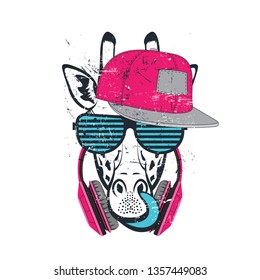 giraffe with tongue in glasses and headphones and cap. Colored print for t-shirt and another, trendy apparel design. Vector illustrations  