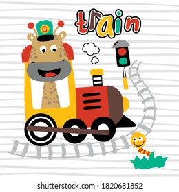 Giraffe and train funny animal cartoon,vector illustration