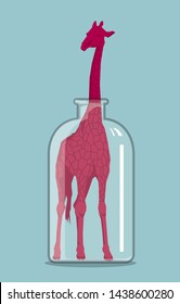 The giraffe was trapped in the bottle. The background is blue.