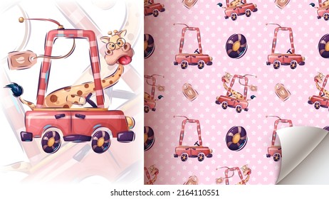 Giraffe travel in the car poster and merchandising