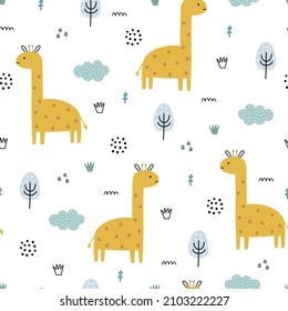 giraffe and tree baby seamless pattern hand drawn cartoon cute background for kids