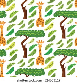 Giraffe and tree in the leaves. Vector seamless pattern. Cartoon character