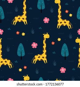 Giraffe and tree Seamless pattern with natural background and cute cartoon animals Hand drawn in the style of a child Designed for printing, wallpaper, gift wrap, textiles Vector illustration