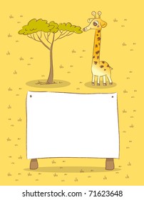 giraffe with tree and sign, savanna animals drawings