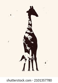 Giraffe and tree silhouette. Abstract animal shape. Night starry sky