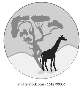 Giraffe and tree silhouette view. Vector hand drawn savannah illustration on gray background. Perfect for invitations, cards, prints, flyers, posters.