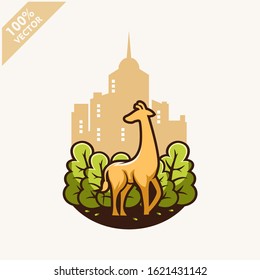 Giraffe with tree and sky background safari logo vector	

