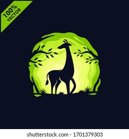 Giraffe With Tree And Sky Background Safari Zoo Logo. Scalable And Editable Vector.