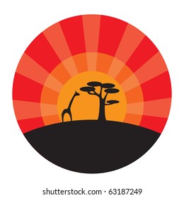 Giraffe and tree at sunset background. Vector illustration