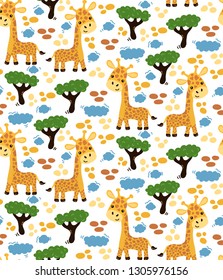 Giraffe trees cute colorful africa seamless vector pattern