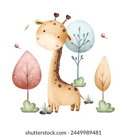 Giraffe and Trees at Forest Illustration