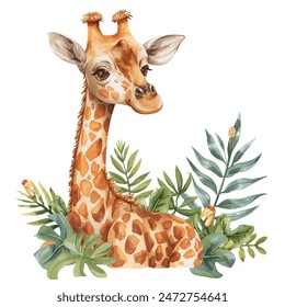 giraffe and tropical leaves watercolor vector illustration for background