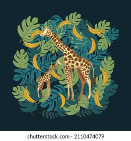 Giraffe tropical vector illustration with bananas 