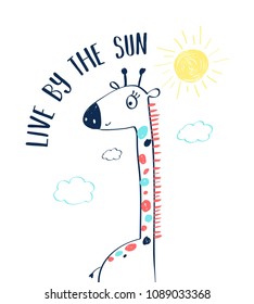 Giraffe t-shirt design with slogan. Vector illustration design for fashion fabrics, textile graphics, prints.