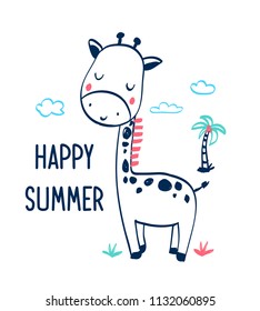 Giraffe t-shirt design with slogan. Vector illustration design for fashion fabrics, textile graphics, prints.	