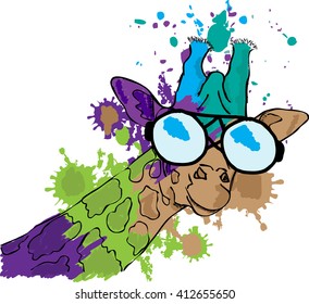 giraffe T-shirt graphics. giraffe illustration with splash acrylic textured background. unusual illustration watercolor giraffe for fashion print, poster, textiles, fashion design