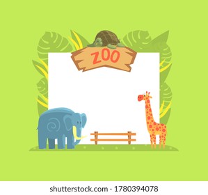 Giraffe, Turtle and Elephant Wild Jungle Animals with Blank Banner Vector Illustration