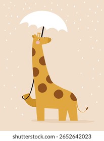 Giraffe With Umbrella Standing In The Rain. Nursery Vector Art with Cute Giraffe. Funny Hand Drawn Print with Cartoon of Giraffe on a Beige Background. Safari Animal. Kids' Room Decoration. RGB.