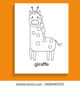 giraffe, ungulate herbivores animals cartoon flat line for coloring page