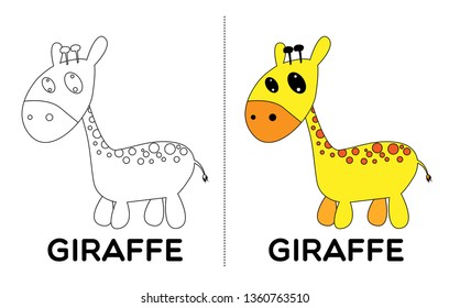 giraffe, vector animal cartoon, coloring book or page