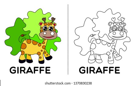 giraffe, vector animal cartoon, coloring book or page